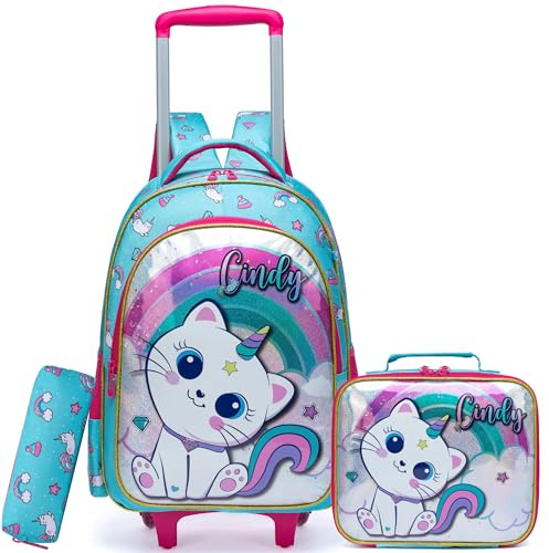 HTgroce 3pcs Rucksack Trolley mit 2 Rollen für Kinder Rucksack Schultasche Schulranzen Kinderrucksack Mädchen Schultrolley Schulrucksack Mit Brotzeittasche und Federmäppchen