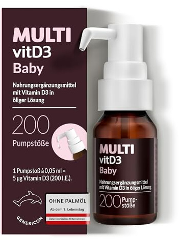 MULTIvitD3 Baby, Vitamin D3 in praktischer Dosierpumpe, 200 Pumpstöße | für Babys & Kleinkinder ab 1. Tag, für normales Knochenwachstum & Immunsystem, palmölfrei, glutenfrei, laktosefrei