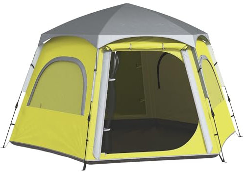 Outsunny Instant Pop Up Camping Tent, 2/3/4 Person Easy Setup Dome Family Tent with Vestibule, Rainfly, 4 Mesh Windows & 2 Doors, Hexagonal Design, Waterproof & UV Protected, Yellow Green