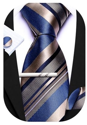 Barry.Wang Herren Seiden-Geschäftskrawatten mit Taschentuch Manschettenknopf-Streifen Plaid-Krawatten-Set Feierliche Hochzeit