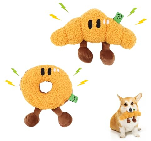 Geila Juguetes sonoros para perros, juego de juguetes de peluche para perros pequeños y medianos, juguete interactivo, reduce el aburrimiento, regalos para perros (croissant + dona)