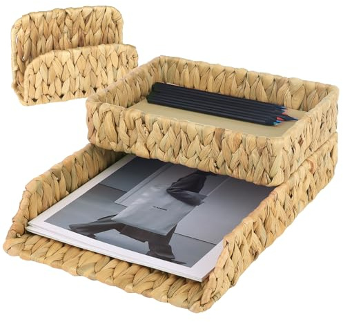 Lot de 3 corbeilles à courrier tissées en jacinthe d'eau pour organiser, bac à fichiers A4 en rotin avec trieur de lettres, étagère de rangement de bureau pour fichiers, courrier, cahiers, papeterie