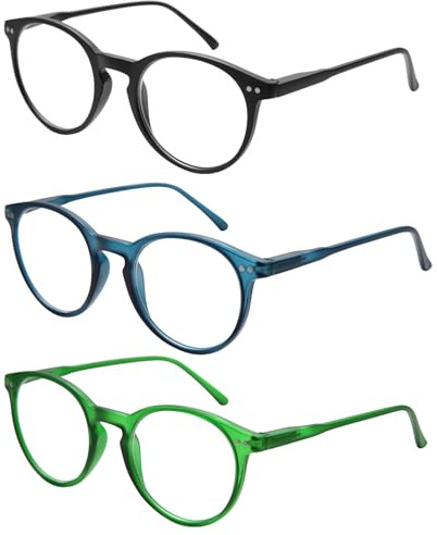 EyeOrion 3 paires de lunettes de lecture classiques pour hommes et femmes,Multicolore à monture ronde et mate et à charnière à ressort
