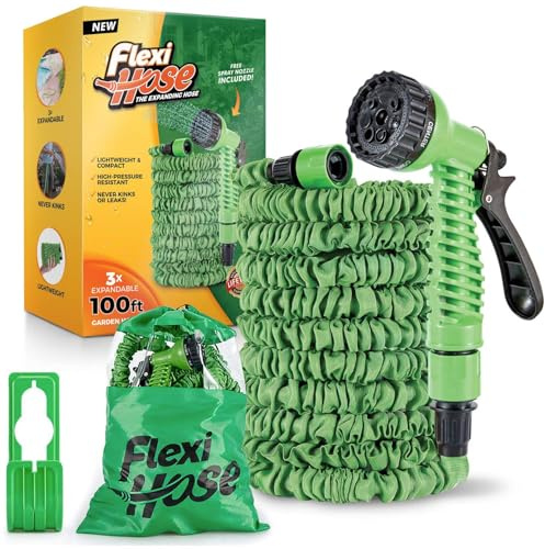 Flexi Hose 100FT Expandable Garden Hose, Retractable Water Hose, Green | Includes Spray Nozzle with Multiple Functions, Perfect for Garden Watering, Lawn Care, Car Washing & Outdoor Cleaning