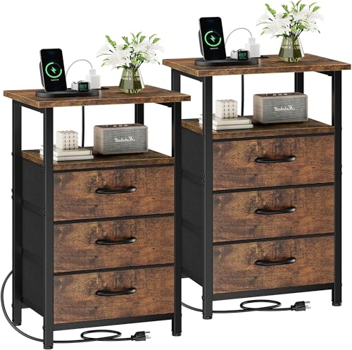 Vagusicc Nightstand Set of 2 with Charging Station, Bedside Table with USB Ports & Outlet, Side End Table with 3 Fabric Drawers & Storage Shelf, Bed Side Table Night Stand for Bedroom, Rustic Brown