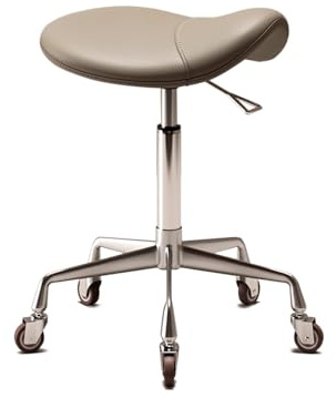 Tabouret Roulettes Selle de Cheval Réglable en Hauteur 43-58cm Tabouret Ergonomique Professionnel Base en Métal Robuste pour Bureau EsthéTique Salon Tatouage(Khaki)