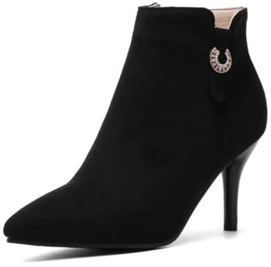 Generico Stivaletti Donna Effetto Camoscio Tacco Stiletto Punta Tonda Effetto PU Dettagli Strass Comodi Antiscivolo Festa Sera Ufficio Scarpe,Nero,38 EU
