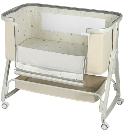 homewell 2-i-1 sidosäng för baby & babyvagga, babyvagn med myggnät, 6 vägs höjdjustering och lutningsjustering, för hem och på vägen (cremevit)
