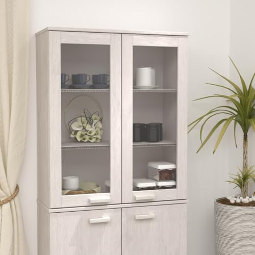 EDNRSOG White Solid Pinewood and MDF Highboard Top with Glass Doors and Three Shelves, 33.5 x 13.8 x 39.4 Inches, Rustic Furniture for Living Room Storage and Organization