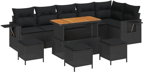 KKgypkn Gartensofa-Set 10-teilig modern aus Poly-Rattan und Akazienholz als Gartenmöbel-Set für Sitzgruppe im Außenbereich