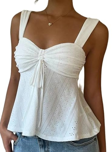 Springcmy Womens Flowy Peplum Tops Dressy Eyelet Tie Front Ruched Spaghetti Strap Drawstring Babydoll Tank Going Out Beach Tops