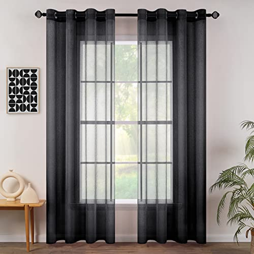 MIULEE Voile Vorhang mit Ösen transparent 140x225 cm 2er Set Schwarz | Transparente leichte Voile Gardine als Ösenschal für Wohnzimmer und Schlafzimmer, lichtdurchlässig, luftig, dekorativ