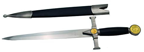 AMONT Dolch Mittelalterliche Freimaurer S0171G, nickelfarbener Knopf und Schutzgitter mit goldenen Details und schwarzem Griff. 42 cm Länge mit Stahlklinge, Schwarze Scheide mit Nickeloberflächen.