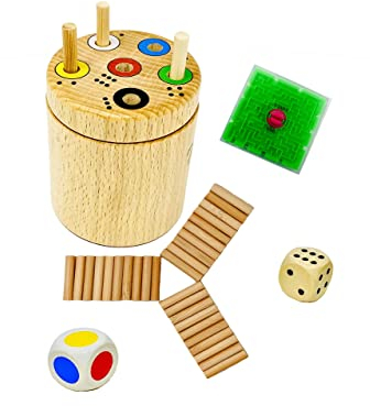 Spiel: Ab in die Box rund + Gratis 1 Minis Holzkreisel| Spaß für die ganze Familie und für Kinder ab 2 zum Lernen von Zahlen und Farben | Lernspiel | Würfelspiel | Reisespiele unterwegs