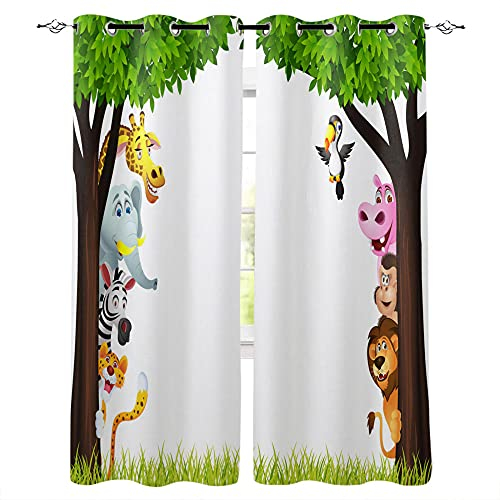 SDSONIU Dschungel Cartoon Tier Löwe Elefant Giraffe Zebra Tiger Vogel AFFE Kinder Vorhang Schlafzimmer Wohnzimmer Kinder Vorhang Vorhang Blickdicht - Fenster-Behandlung 140 x 160 cm