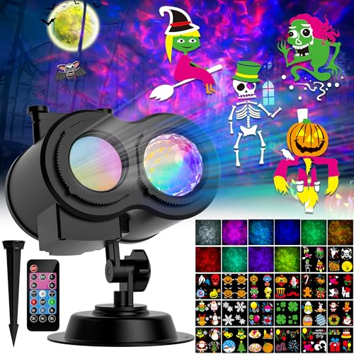COOLWUFAN Proyector de luces decorativas de Halloween con 20 patrones coloridos, lámpara de paisaje giratoria 2 en 1, luces de proyección para exteriores, jardín, fiesta, Navidad