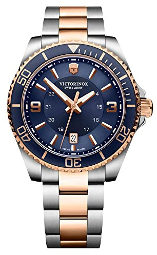 Victorinox Men’s Watch Maverick Large Ø 43 mm, Swiss Made, Analogue Quartz, Water-Resistant up to 100 m, Blue/Silver/Rosé Gold