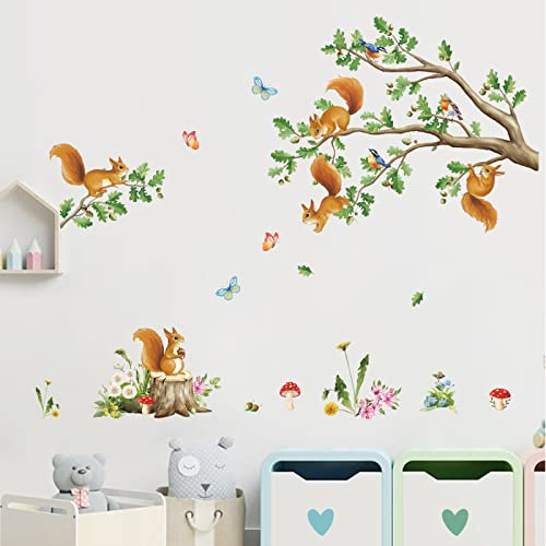 decalmile Wandsticker Eichhörnchen Ast Waldtiere Wandtattoo Baum Zweige | Abziehbare und Aufklebbare Wandaufkleber, DIY Abnehmbare Wandkunst Abziehbilder, Wandfreundlich, Leuchtenden Farben