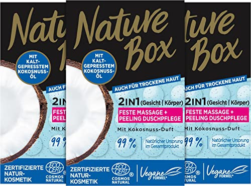 Nature Box 2in1 Feste Massage + Peeling Duschpflege mit Kokosnuss-Duft (90 g), Duschseife mit kaltgepresstem Kokosnuss-Öl, festes Duschgel in recycelbarer Verpackung