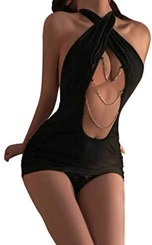 Kort klänning för kvinnor, djup V-ringad, rygglös, fest, kväll, klubb, sexig, Svart (färg), one size
