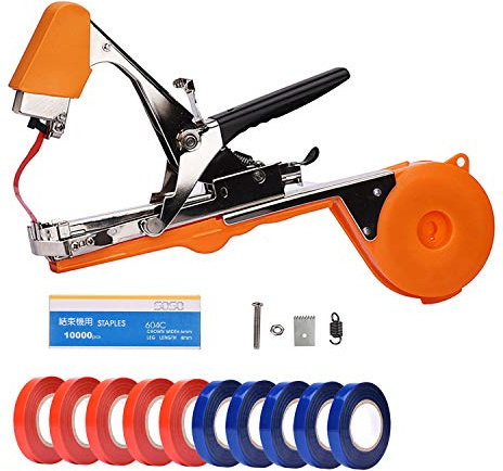 Yolando Plant Tying Machine Tape Tool for Tomatoes Peppers Grapes Cucumbers and Vining Vegetables Quickly and Easily Tie, Great for Gardeners Farmers, with Tapes, Spare Parts, Staples - Orange