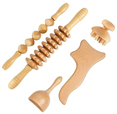 5 Stück Maderotherapie Set,Massageroller Holz, Anti Cellulite Massagegerät, Massageroller Faszienrolle Gua Sha Becher Massage Set, für Nacken, Beine, Körper,Schmerzlinderung und Entspannung