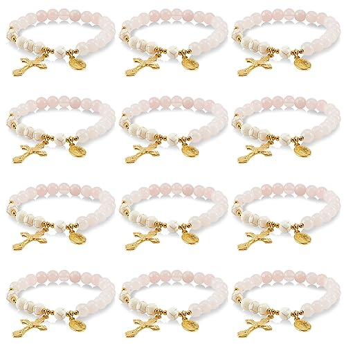 GOMAKERER 12 Pcs Rosario Pulsera, Pulsera de Rosario de Cuarzo Rosa, Pulsera Elástica con Cuentas de Turquesa Sintética, Pulsera de Cuentas Cruzadas para Mujer, Oración de Fe, Joyería Hecha A Mano