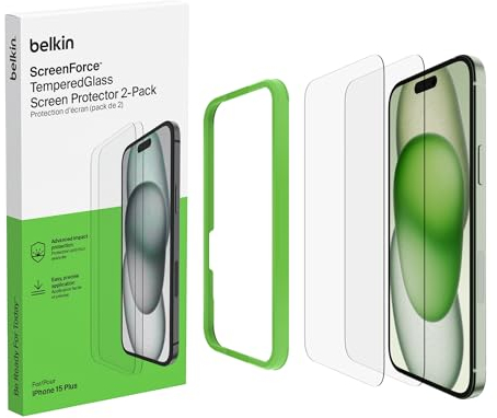 Belkin ScreenForce TemperedGlass Schutzfolie für iPhone 16 Plus, dünn iPhone Folie, kristallklar Schutzglas, kratzfest, Displayschutz für iPhone 16/iPhone 15, Blasenfreie Applikation, 2er-Pack