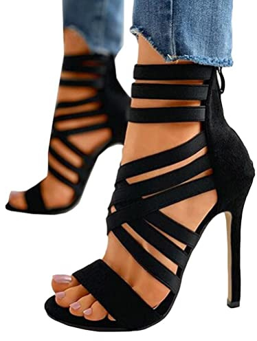 Onsoyours Damen Sexy High Heels Sommersandalen mit Fischmaul Gefrostete Stiletto Sandalen mit Offenem Zeh und Reißverschluss Schwarz 39 EU