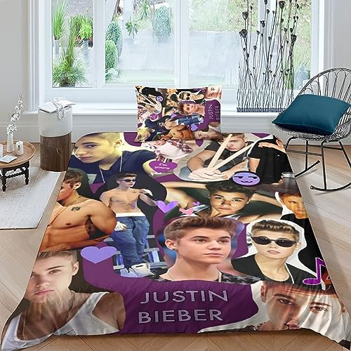 GIOSBR Justin Bieber Für Kinder Mädchen Jungen Bettwäschegarnitur Bettbezug Set 3D Gedruckter Weich Microfaser Reissverschluss Und Kissenbezüge Bettwäsche 2 Teilig Single（135x200cm）