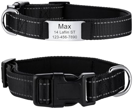 MeMeDIY Personalisierte Nylon-Hundehalsband mit Eingraviertem Namen Haustier-ID-Tag Leises Typenschild aus Edelstahl Verstellbares Halsband für Kleine/Mittlere/Große Hunde -Schwarz, S