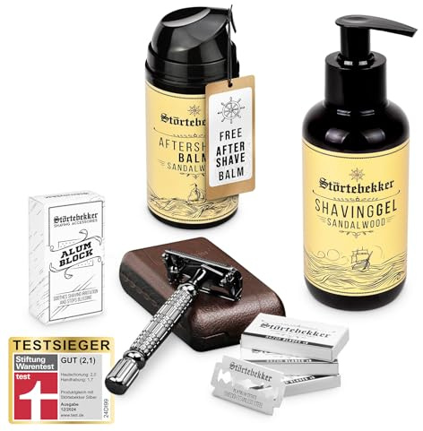 Störtebekker® Premium Rise 'N Shine Shaving Set - Rasierset für Herren - mit Rasierhobel (Schwarz) inkl. Etui (Café) & 10 Klingen, Rasiergel, After Shave Balm & Alaunstein - Rasier Set Männer