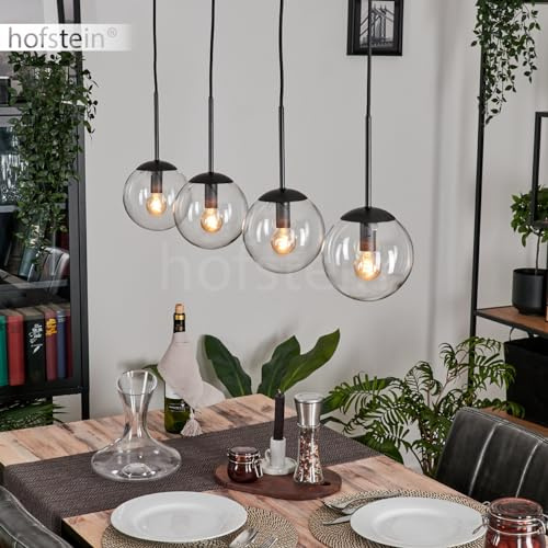 Lámpara de techo Gastor de metal y cristal en negro/transparente, diseño vintage/retro con pantallas de cristal (Ø 15 cm), altura máx. 149 cm, 4 x E27, sin bombilla