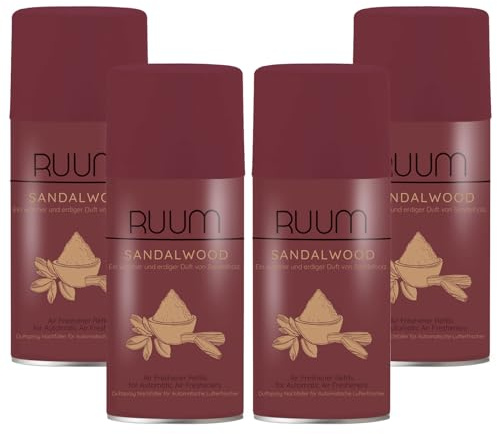 RUUM Lufterfrischer Nachfüller Sandalwood 250ml (4er Pack) | Raumduft-Spray-Nachfüller, kompatibel mit Freshmatic Max, warmer Sandelholzduft