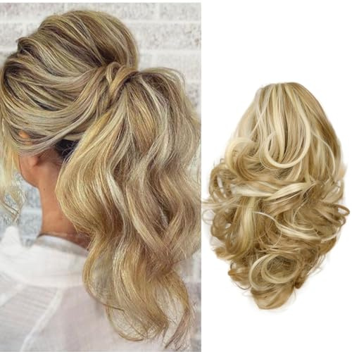 Cybelleza Hårförlängningar, fläta, hårdel, klämma i ponytail Extensions Claw hästsvans, hårförlängning, billig, som äkta hår, vågigt, konsthår, 30 cm, askbrun och blekblond