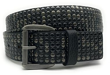 PASSIONE Herren-Gürtel mit Nieten - 4 cm hoch - Echtes Leder - Nieten in der Farbe Gewehrlauf - Hergestellt in Italien (Schwarz, Taillenumfang 105cm-Gesamtmessung 120cm)