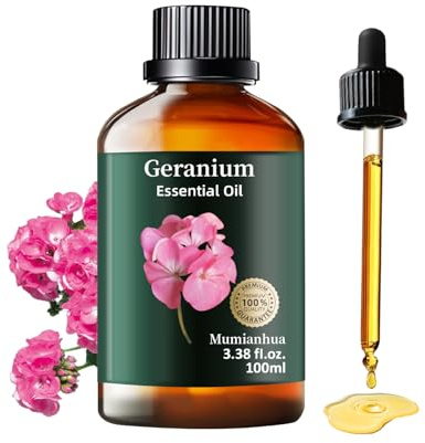 Geranium Essential Oil, Mumianhua Pure Rose Geranium Oil for Balanced Skin & Mood Harmony, Floral Relaxation Oil for Diffuser, Night Routine & DIY Skin, Hair, 3.38 Fl Oz
