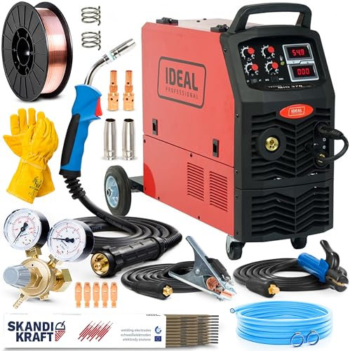 Ideal Tecno MIG 370 IGBT - Saldatrice a Filo Continuo con Gas da 350 A - Con Telaio Mobile e 4 Rulli - MMA e FLUX - Induttanza, Saldobrasatura - Connettori Euro - Saldatura Alluminio - Set Basic