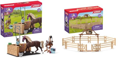SCHLEICH 42438 Horse Club Waschplatz mit Horse Club Emily & Luna & 42434 Pferdekoppel mit Eingangstor, für Kinder ab 5-12 Jahren, Horse Club - Zubehör