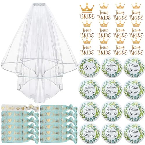 TZEKING 37 Piezas Despedida de Soltera Accesorios,Chapas Alfileres Despedida de Soltera,11 Team Bride Chapas, 1 Bride Chapas,Velo Novia Despedida, 12 Tatuajes,12 Pulseras,Accesorios Despedida Equipo