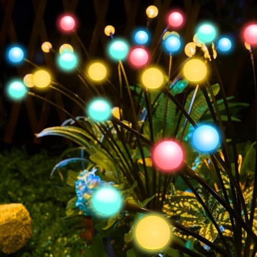 XRR Solarlampen für Außen Garten, 4 Stück 6LED Solarleuchten Glühwürmchen 8 Modi Solarlichter Blume mit Fernbedienung Wetterfest Solarstecker Gartenbeleuchtung für Pfad Party Hof Deko(mehrfarbig)