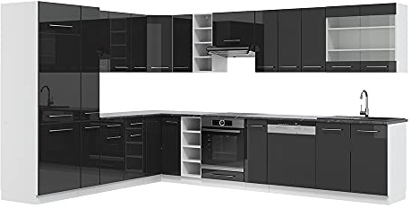 Vicco Eckküche Fame-Line, Anthrazit Hochglanz/Weiß, 347 x 257 cm | 16 Module · Höhenverstellbare Füße · AP Anthrazit inkl. · MDF-Fronten · Softclose · Metallgriffe