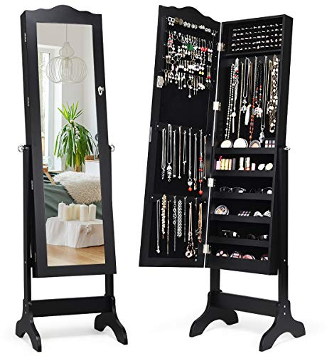 RELAX4LIFE Schmuckschrank mit Ganzkörperspiegel, Spiegelschrank Kippbar & Stehend, Schmuckorganizer mit Schloss, Schmuckaufbewahrung für Ohrringe & Armband & Kette & Ringe & Kosmetik, Schwarz