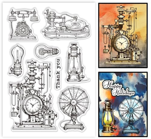 GLOBLELAND Transparente Stempel Im Vintage Stil Mit Zahnraduhr Elektrischem Ventilator Glühbirne Telefon Silikon Stempelsiegel Transparente Stempel Für DIY Scrapbooking Karten Erstellen von Fotoalben