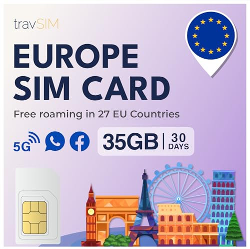 travSIM SIM Karte Europa | 35 GB Daten mit 4G/5G-Geschwindigkeiten | Nur Daten-SIM | Verwendung der Europa-SIM-Karte in 27 Ländern der EU | Plan auf SIM-Karte für Europa gültig für 30 Tage