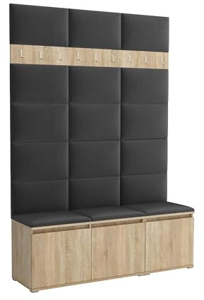 Brent - Garderobenschrank Flur Sonoma Eiche mit sitzbank 150 cm Breit Luton 3 - Multifunktionale Flurgarderobe Set mit Stauraum und Wandpaneel, Garderobe mit Sitzfläche und Kleiderhaken