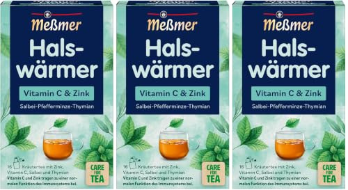 Meßmer Halswärmer | Vitamin C & Zink | 16 Teebeutel | Glutenfrei | Laktosefrei | Vegan (Packung mit 3)