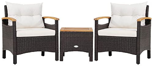 COSTWAY 3 delar Rotting trädgårdsmöbelset, rottingmöbler med 2 fåtöljer och 1 sidobord, trädgårdsset med akaciaträplatta och sittkuddar, polyrattan trädgårdslounge, trädgårdsuppsättning sittgrupp