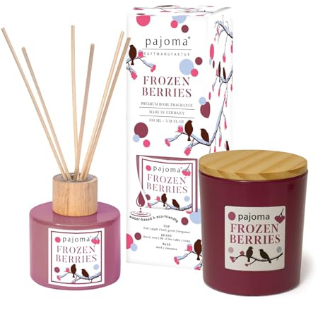 pajoma® Raumduft & Duftkerze Set Frozen Berries Raumduft Diffuser 100 ml & Kerze 140 g im Glas mit Holzdeckel | Fruchtiger Mix aus Beeren, Apfel & Zimt | Luxus-Deko & Duftgeschenk für jeden Raum