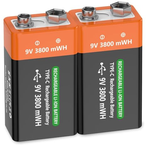 9V Rechargeable Battery 3800mWh High Capacity Lithium Batteries, 9 Volt Square Batteries for Smoke Detectors, Microphone, Alarms, Toys, Torches, Medical Devices etc
